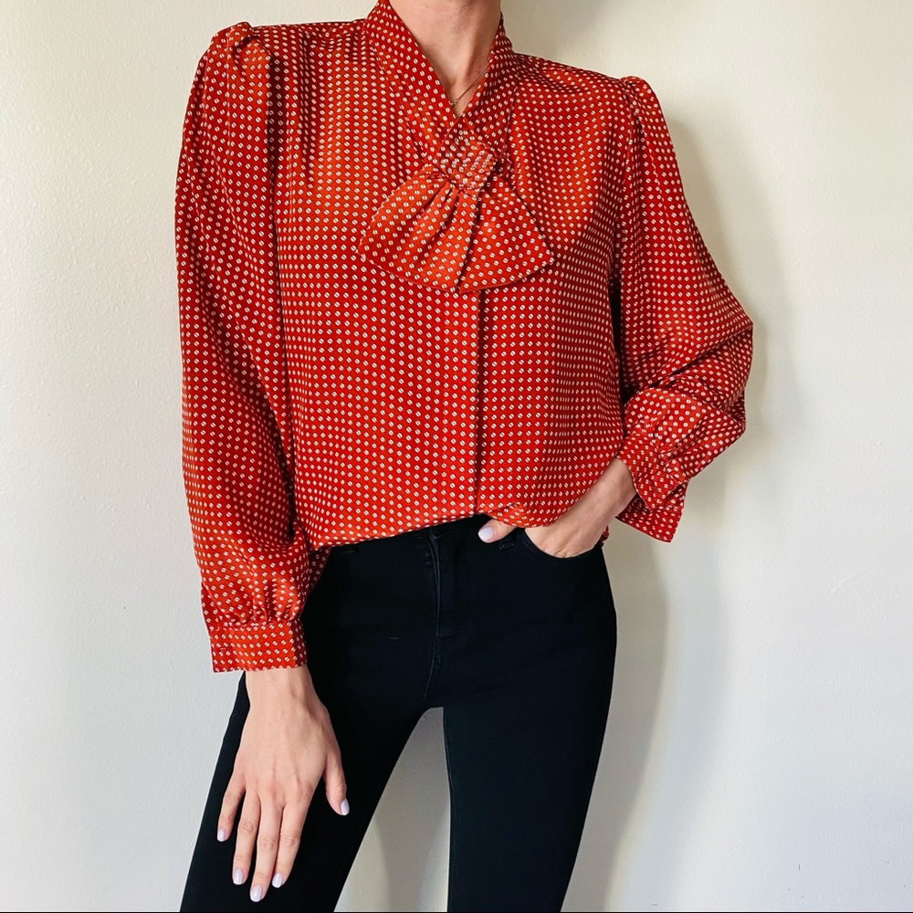 Vintage puffy sleeves orange/red geometric print button down blouse